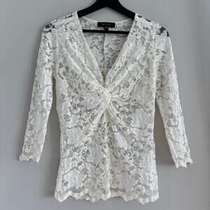 Karen Kane White Lace Long Sleeve Top V Neck Front Twist Knot Detail Size Small